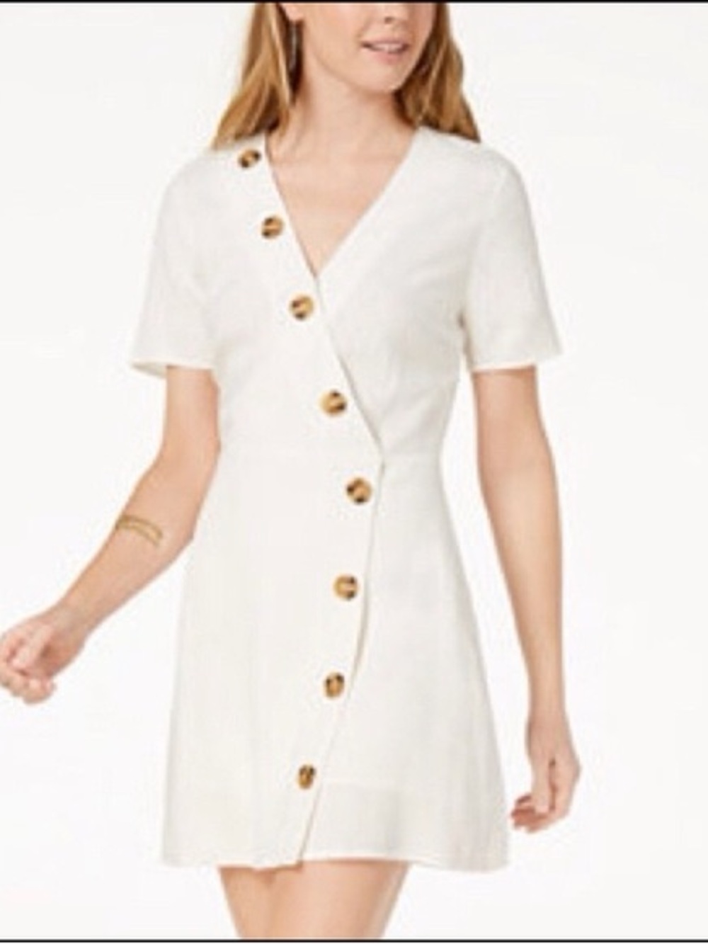 Moon River White Button-Accent V-Neck Mini Dress